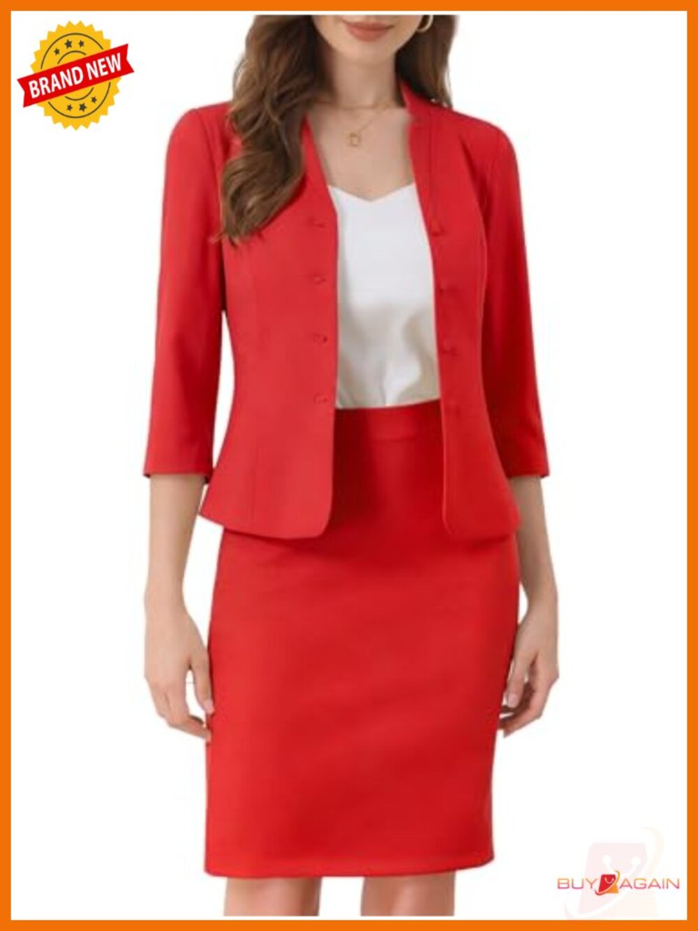 2 Piece Skirt Suit Set - Blazer & Pencil Skirt - 3/4 Sleeve - Business Casual